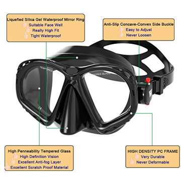 WACOOL Professional Adult Kids Snorkeling Snorkel Diving Scuba Package Set Gear Anti-Fog Coated Glass with Silicon Mouth Piece Purge Valve and Anti-Splash (Black)
