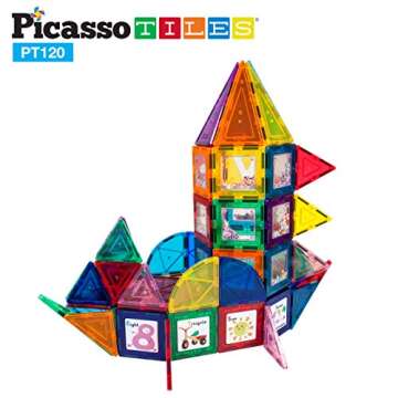 PicassoTiles 120pc Master Builder Magnetic Building Block Construction Set Toy Blocks with Ferris Wheel, Castle Click-in, 28 Educational Alphabet Animal and Number Graphic Card, Car Truck Windmill