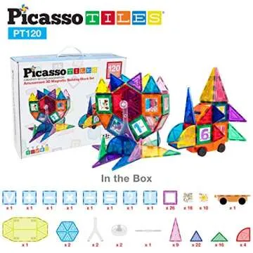 PicassoTiles 120pc Master Builder Magnetic Building Block Construction Set Toy Blocks with Ferris Wheel, Castle Click-in, 28 Educational Alphabet Animal and Number Graphic Card, Car Truck Windmill