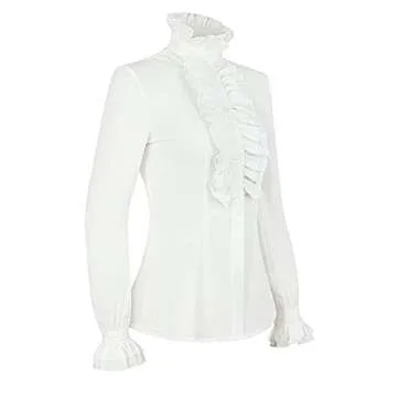 PrettyGuide Women's Victorian Blouse Gothic Pirate Shirt Vintage Long Sleeve Stand-Up Collar Lotus Ruffle Tops Ivory M