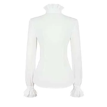 PrettyGuide Women's Victorian Blouse Gothic Pirate Shirt Vintage Long Sleeve Stand-Up Collar Lotus Ruffle Tops Ivory M