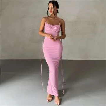 ABYOVRT Women Sexy Backless Dress Bodycon Sleeveless Open Back Maxi Dress Going Out Elegant Party Cocktail Long Dress (A-Pink, S)