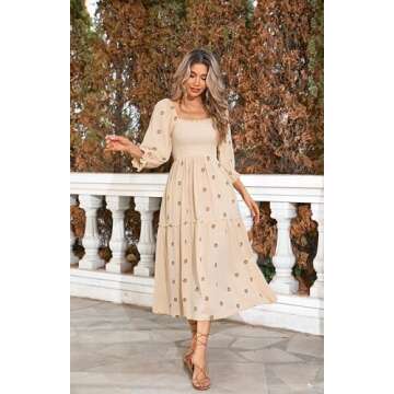 R.Vivimos Women's Long Sleeve Cotton Boho Midi Dress Vintage Square Neck Floral Embroidered Tiered Ruffle Flowy Pockets Dress