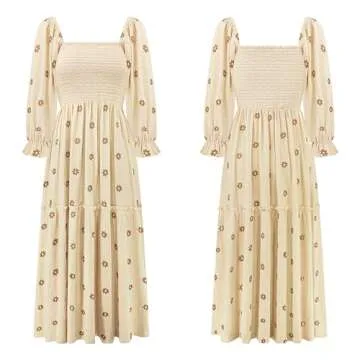 R.Vivimos Women's Long Sleeve Cotton Boho Midi Dress Vintage Square Neck Floral Embroidered Tiered Ruffle Flowy Pockets Dress