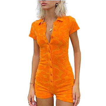 KMBANGI Short Sleeve Jumpsuit for Women Bodycon Sexy V Neck Buttons Rompers Shorts Towelling Playsui...