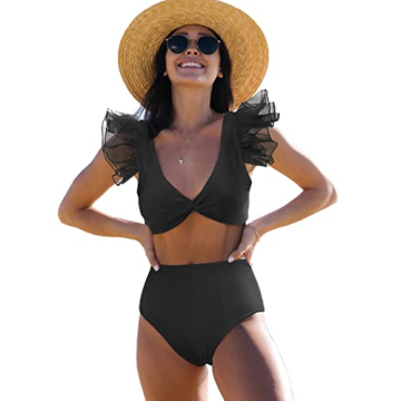 SPORLIKE Women High Waisted Swimsuit Organza Ruffle Bikini Twist Front Bathing Suit(Black,Medium)