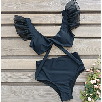 SPORLIKE Women High Waisted Swimsuit Organza Ruffle Bikini Twist Front Bathing Suit(Black,Medium)