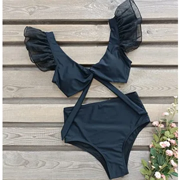 SPORLIKE Women High Waisted Swimsuit Organza Ruffle Bikini Twist Front Bathing Suit(Black,Medium)