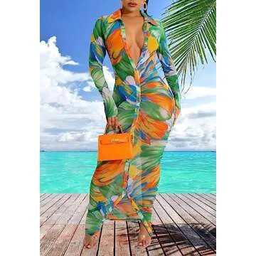 PuiLean Women's Sexy Summer Sheer Mesh Dresses Button Down Long Sleeve See Through Swimwear Maxi Dress