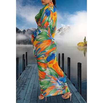 PuiLean Women's Sexy Summer Sheer Mesh Dresses Button Down Long Sleeve See Through Swimwear Maxi Dress