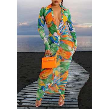 PuiLean Women's Sexy Summer Sheer Mesh Dresses Button Down Long Sleeve See Through Swimwear Maxi Dress