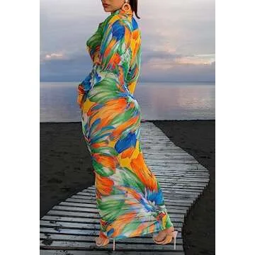 PuiLean Women's Sexy Summer Sheer Mesh Dresses Button Down Long Sleeve See Through Swimwear Maxi Dress