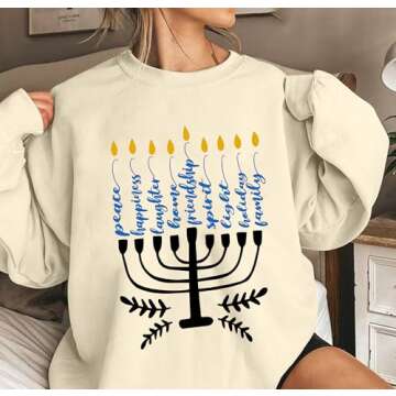 FASHGL Hanukkah Sweatshirt Hanukkah Sweater Women Chanukah Sweaters Menorah Pullover Casual Oversize...