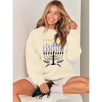 FASHGL Hanukkah Sweatshirt Hanukkah Sweater Women Chanukah Sweaters Menorah Pullover Casual Oversized Long Sleeve Tee Tops Apricot