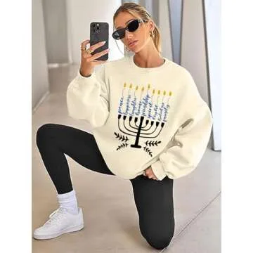 FASHGL Hanukkah Sweatshirt Hanukkah Sweater Women Chanukah Sweaters Menorah Pullover Casual Oversized Long Sleeve Tee Tops Apricot