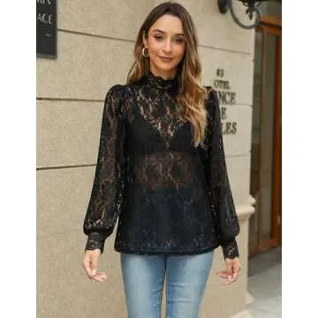 HOTOUCH Sheer Tops for Women Lace Dressy Night Out Blouses Black Plus Size Lace Shirts with Cami Long Puffy Sleeve Tunic Ruffle Neck Spring Going Out Black S