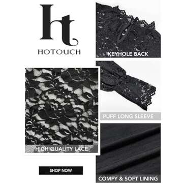 HOTOUCH Sheer Tops for Women Lace Dressy Night Out Blouses Black Plus Size Lace Shirts with Cami Long Puffy Sleeve Tunic Ruffle Neck Spring Going Out Black S