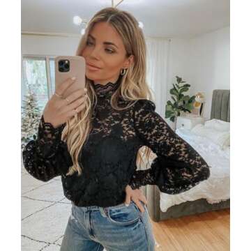HOTOUCH Sheer Tops for Women Lace Dressy Night Out Blouses Black Plus Size Lace Shirts with Cami Long Puffy Sleeve Tunic Ruffle Neck Spring Going Out Black S