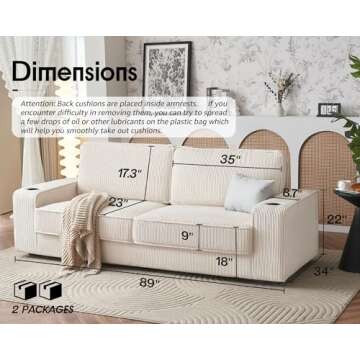 VanAcc Sofa, 89 inch Modern Sofa with USB Charging Ports & Cup Holders, Deep Seat Sofa Couch- Comfy Couch for Living Room (Beige Corduroy)