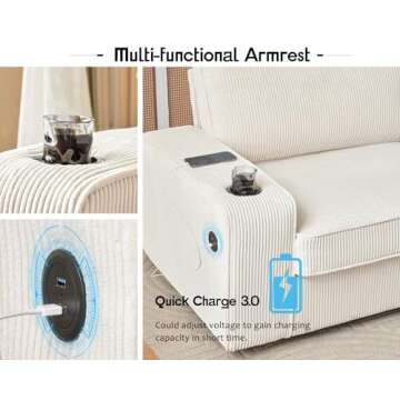 VanAcc Sofa, 89 inch Modern Sofa with USB Charging Ports & Cup Holders, Deep Seat Sofa Couch- Comfy Couch for Living Room (Beige Corduroy)