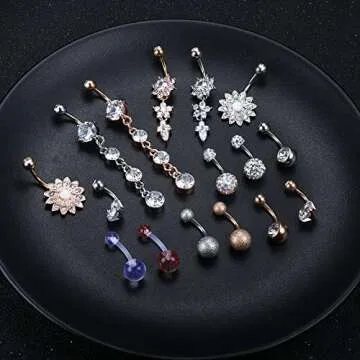 FIBO STEEL 16 Pcs Dangle Belly Button Rings - Unique & Stylish Jewelry