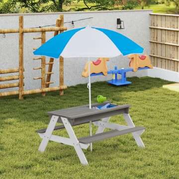 SoliWood Kids 3 in 1 Convertible Sand and Water Table with Umbrella, Picnic Table for Outdoor Backya...