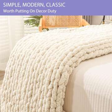 Bigacogo Chunky Knit Throw Blanket for Couch, 60x80 inches, 100% Hand Knitted with Thick Jumbo Chenille Yarn, Cozy Soft Large Rope Knot Cable Crochet Blankets for Sofa Bed Living Room, Beige
