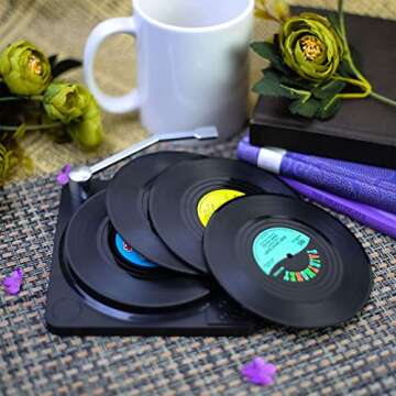 ELVEDO Vinyl Coasters with Holder Vinyl Records Coasters Retro Coasters for Drinks Funny Coasters Music Coasters Cool Coaster Gift for Vinyl Record Lovers for Music Lovers