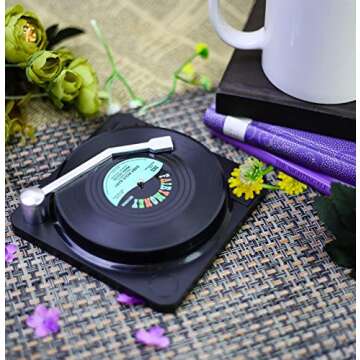 ELVEDO Vinyl Coasters with Holder Vinyl Records Coasters Retro Coasters for Drinks Funny Coasters Music Coasters Cool Coaster Gift for Vinyl Record Lovers for Music Lovers