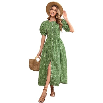R.Vivimos Women Summer Maxi Dress Cotton Puff Sleeve Square Neck Vintage Floral Print Button Down A-...