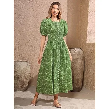 R.Vivimos Women Summer Maxi Dress Cotton Puff Sleeve Square Neck Vintage Floral Print Button Down A-Line Cottagecore Dress (Small, Green)