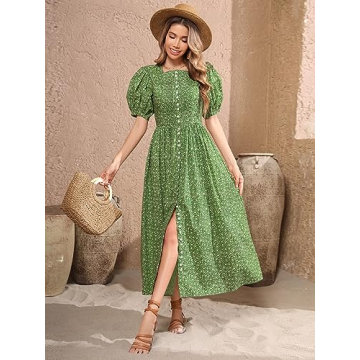 R.Vivimos Women Summer Maxi Dress Cotton Puff Sleeve Square Neck Vintage Floral Print Button Down A-Line Cottagecore Dress (Small, Green)
