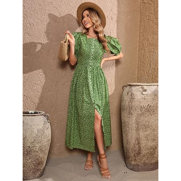 R.Vivimos Women Summer Maxi Dress Cotton Puff Sleeve Square Neck Vintage Floral Print Button Down A-Line Cottagecore Dress (Small, Green)