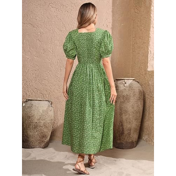 R.Vivimos Women Summer Maxi Dress Cotton Puff Sleeve Square Neck Vintage Floral Print Button Down A-Line Cottagecore Dress (Small, Green)