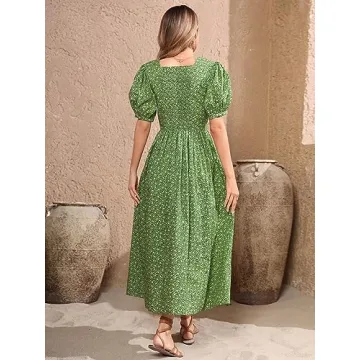 R.Vivimos Women Summer Maxi Dress Cotton Puff Sleeve Square Neck Vintage Floral Print Button Down A-Line Cottagecore Dress (Small, Green)