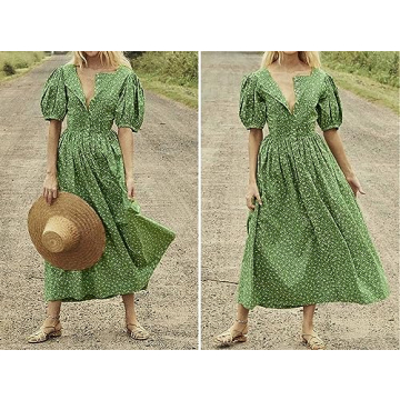 R.Vivimos Women Summer Maxi Dress Cotton Puff Sleeve Square Neck Vintage Floral Print Button Down A-Line Cottagecore Dress (Small, Green)