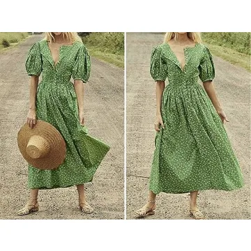 R.Vivimos Women Summer Maxi Dress Cotton Puff Sleeve Square Neck Vintage Floral Print Button Down A-Line Cottagecore Dress (Small, Green)