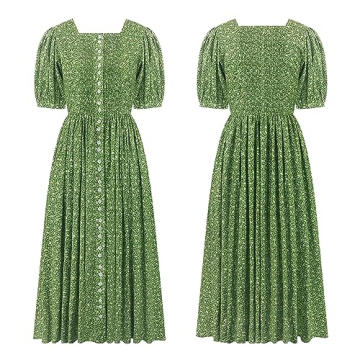 R.Vivimos Women Summer Maxi Dress Cotton Puff Sleeve Square Neck Vintage Floral Print Button Down A-Line Cottagecore Dress (Small, Green)
