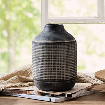 SIDUCAL Ceramic Rustic Farmhouse Vase, Sand Glaze Finish Boho Vase, Pottery Decorative Flower Vase f...