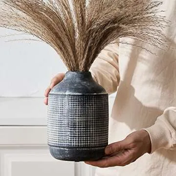 SIDUCAL Ceramic Rustic Farmhouse Vase, Sand Glaze Finish Boho Vase, Pottery Decorative Flower Vase for Home Decor, Table, Living Room Decoration, Shelf Decor, Mantel, 7.4 Inch, Black