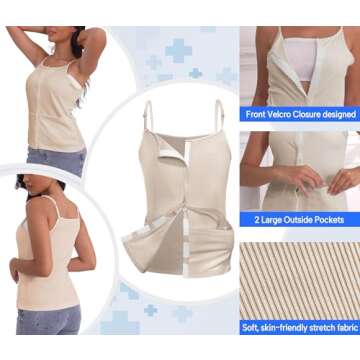 Post Mastectomy Shirts with Drain Pockets Breast Surgery Mastectomy Camisole Top with Hook and Loop ...