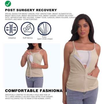 Post Mastectomy Shirts with Drain Pockets Breast Surgery Mastectomy Camisole Top with Hook and Loop Closure Beige XL