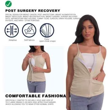 Post Mastectomy Shirts with Drain Pockets Breast Surgery Mastectomy Camisole Top with Hook and Loop Closure Beige XL