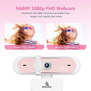 NexiGo N660P 1080P 60FPS Webcam with Software Control, Dual Microphone & Cover, Autofocus, HD USB Computer Web Camera, for OBS/Zoom/Skype/FaceTime/Teams/Twitch, Pink