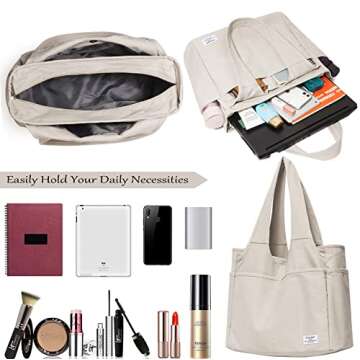 KYALOU Utility Large Canvas Tote Bag with Pockets, Women Casual Shoulder Bags with 13 Exterior & Int...