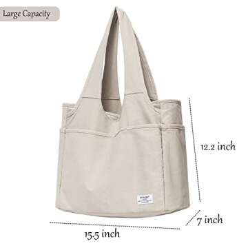 KYALOU Utility Large Canvas Tote Bag with Pockets, Women Casual Shoulder Bags with 13 Exterior & Interior Pockets for Work Gym Beach Travel Shopping Grocery (Light Gray)