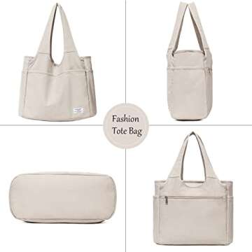 KYALOU Utility Large Canvas Tote Bag with Pockets, Women Casual Shoulder Bags with 13 Exterior & Interior Pockets for Work Gym Beach Travel Shopping Grocery (Light Gray)