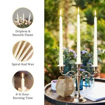 10 Inch Metallic White Spiral Taper Candles Set for Holiday Decor, 12 Pack Unscented Twisted Candlesticks, Dripelss Thin Tapered Candles for Wedding Dinner Party Ceremony Religious