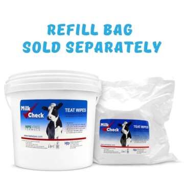 Milk Check Teat Wipes (700 wipes) - Cow, Goat, Sheep Udder Prep - 7 inch x 8 inch Wipes, Reclosable Pail.