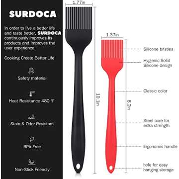 SURDOCA Silicone Pastry Basting Brush - 2Pcs 10 + 8 in Heat Resistant Brush for Baking Cooking Food, BPA Free Kitchen Brush for Sauce Butter Oil, Stainless Steel Core Design for Barbecue BBQ Grilling